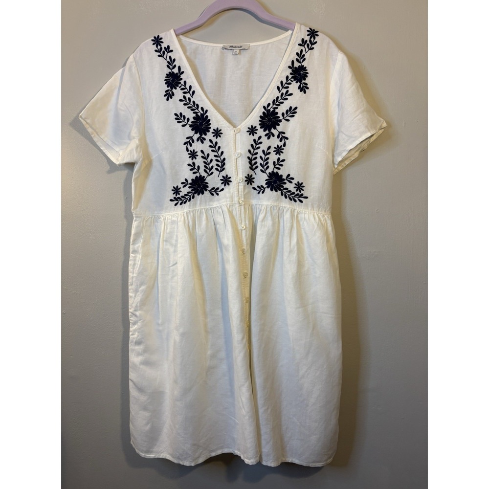 MADEWELL Alexandra White Linen Babydoll Dress M Blue Floral Embroidery Like New